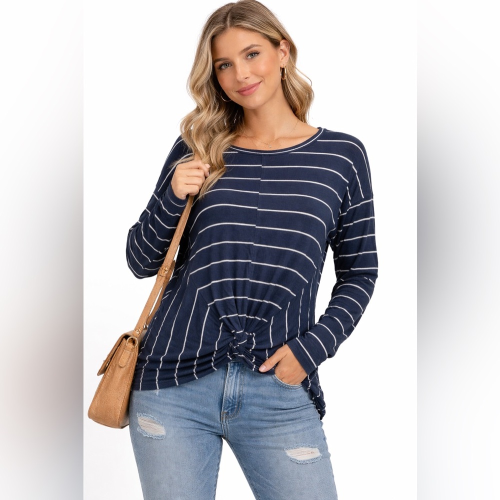 Ollie & Chloe Striped‎ Long Sleeve Pullover Top Knot Hem Women’s Size M